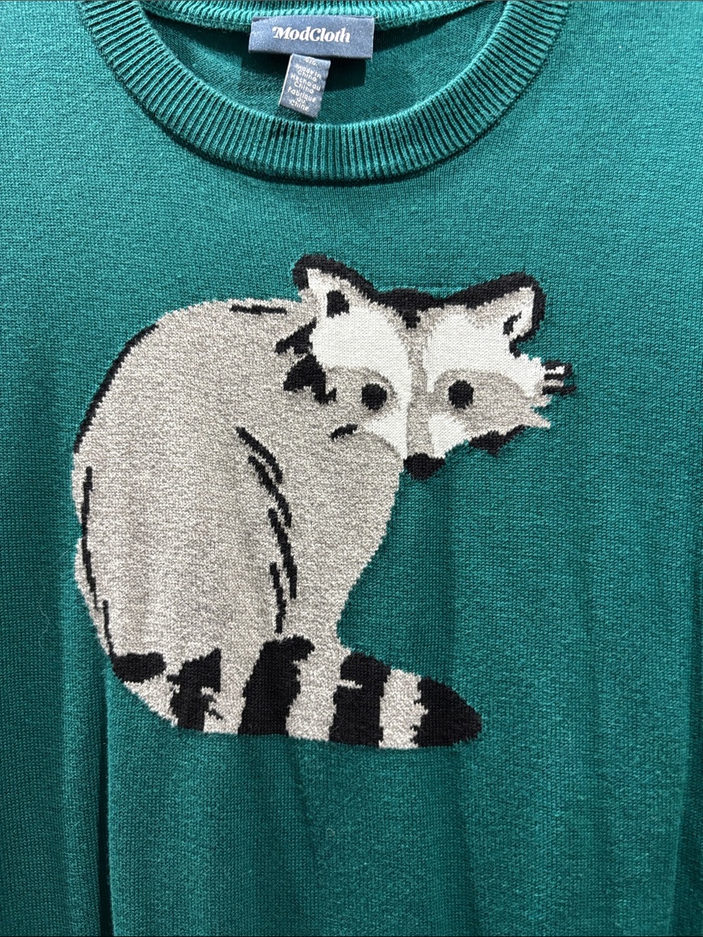 ModCloth Teal Green Crewneck Sweater with Raccoon Graphic - Picture 2 of 4